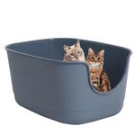 Suhaco High Sided Jumbo Cat Litter Tray Anti Splash Open Top Cat Litter Box 61 x 48 x 31 cm Extra Deep Large Cat Litter Trays for Multi Cats Toilet Low Entry (Grey)