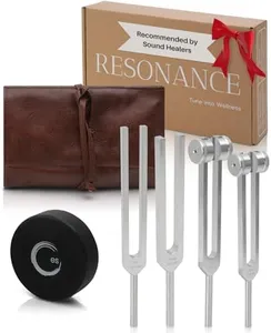 Resonance Tuning Forks for Healing Set - Weighted & Unweighted Tuning Fork Set Including 128Hz, 136Hz, 256Hz, 384Hz & Hockey Puck Activator - Chakra Sound Therapy Instruments in a Vegan Leather Pouch