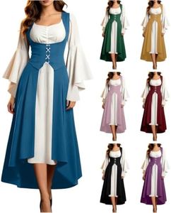 VOGFFR Medieval Dress for Women,Medieval Dress for Women Renaissance Lace Up Corset Color Block Maxi Bell Sleeve Victorian Dresses Blue