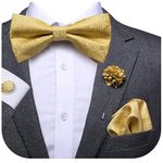 Dubulle Paisley Floral Bow Ties and Lapel Pin for Men Pre-tied Bowtie with Pocket Square Cufflinks Set Wedding,Gold