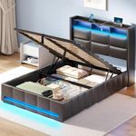 Rolanstar Twin Size Bed Frame with Lift Up Storage, Charging Station & LED Lights, Upholstered Bed with Heavy Duty Wooden Slats, No Box Spring Needed, Noise Free, Easy Assembly, Black