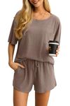 VINTATRE Pajamas Set for Women Waffle Knit Lounge Set 2 Piece Outfits Loungewear Sweatsuit with Pockets Khaki L