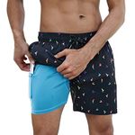 Arcweg Men's Swimming Shorts with Compression Liner Mens Swimming Trunks 2 in 1 Swim Shorts with Lining Quick Dry Surfing Stretchy Beach Shorts with Zipper Pockets Parrot L(UK)