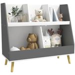 HOMCOM Kids Storage Shelf, 2-Tier Kids Book Shelf with 5 Compartments, Anti-Tip Device, Pine Wood Legs, for Nursery, Playroom, Classroom - Grey