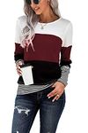 SMENG T Shirts for Women Crewneck Sweatshirt Workout Long Sleeve Oversized Top Blouse Patchwork Pullover Color Block Clothes Wine red Size (UK20-22)