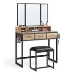 VASAGLE Vanity Set with Mirror and Stool, Makeup Vanity with Tri-Fold Mirror, 3 Drawers, Brush Holder, Industrial Style, Camel Brown and Black URVT004B50