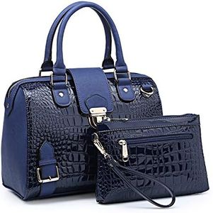 Dasein Women Barrel Handbags Purses Satchel Bags Top Handle Shoulder Bags Vegan Leather Work Bag (Crocodile Blue + Clutch)