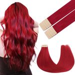 GOO GOO Tape in Hair Extensions Human Hair, Red 10pcs 25g 16inch, Colored Tape ins Human Hair Extensions, Silky&Soft Invisible Tape Ins, Straight Remy Hair Highlighted for Party