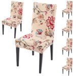 HOKIPO 140GSM Elastic Dining Table Chair Cover Set of 6, Beach Beige Dahlia (AR-5131-D11*6)