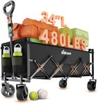 InBrave Extra Long Collapsible Wagon Cart, 480LBS Heavy Duty Utility Wagons with All-Terrain Wheels, Foldable Grocery Carts for Gardening, Shopping, Beach, Camping, Black