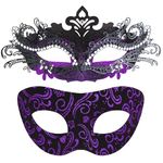 SIQUK Couple Masquerade Masks Plastic Venetian Mask Halloween Mardi Gras Mask for Women and Men, Inlaid Alloy Black & Violet