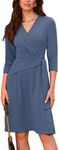 GRACE KARIN Womens Cocktail Dress 3/4 Sleeve V Neck Wrap Flare Church Office Business Dress Gray Blue 2XL