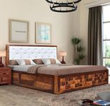 MoonWooden Solid Sheesham Wood King Size Bed with Box Storage for Home Bedroom Living Room Wooden Cushioned Headboard Double Bed Cot Furniture (Natural Finish)