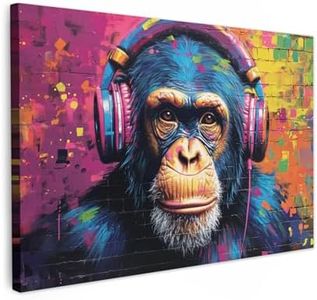 MuchoWow© Impression sur Toile Photo Peinture 120x80 cm Tableau Decoration Murale Chambre Salon Maison Deco Cuisine Graffiti - Chimpanzé - Street art - Casque - Singe - Banksy