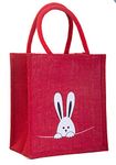 H&B Printed Rabbit Jute Lunch Bags With Zip (Red, Medium Size , 10X11X6 Inch), 10 liter