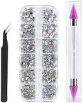 Canvalite 1500PCS Rhinestones in 6 Sizes Flat Back Gems, Crystal AB Nail Art Gems with Pick Up Tweezers and Rhinestone Picker Dotting Pen, Tools for Nails, Clothes, Face, Craft