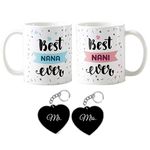 Designer Unicorn Printed Ceramic Coffee Mugs Best Ever Nana Nani Gift for Grand Parents Along with 2 Key Chains Gift Hamper Set of 4 (White Mugs)