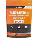 Turmeric Tablets 3000mg with Black Pepper, Ginger and Curcumin Extracts | High Strength Supplement | 180 Vegan Tablets (Not Capsules) | by Horbaach