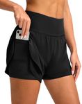 SANTINY Women's 2 in 1 Running Shorts with Pockets 3" High Waisted Exercise Workout Athletic Shorts for Women with Liner, Black, Medium