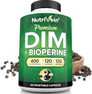 Nutrivein DIM Supplement 400mg Diindolylmethane Plus Bioperine - Maintain Hormone Balance with Estrogen for Menopause and Middle Age - Supports Acne and PCOS Treatment Men & Women