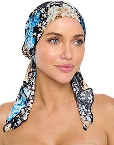 Ashford & Brooks Women's Pretied Printed Fitted Headscarf Chemo Bandana - Ditsy Black/Blue