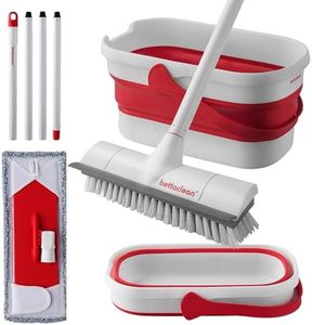 Flat Brush Mop & Bucket System with Broom - Adjustable Microfiber for Floor Cleaning Collapsible Various Household Tasks Set Supplies by Bettaclean Red and White