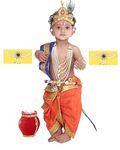 Raj Costume Fabric Raj Fancy Dresses Shri Krishna Dress For Baby Boy & Girl, Janmashtmi Dress With Diaper-Friendly Dhoti & Dupatta, Mor Pankh Mukut (Orange And Blue, 3 Year)