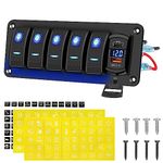 5 Gang Rocker Switch Panel with Digital Voltmeter, Waterproof 12V/24V 5 Pin ON/OFF Toggle Switch with PD & QC3.0 Charger Port 4.8A, Ideal for Cars, RVs, Boats, Trucks, Motorcycles, and More