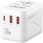 LENCENT Universal Travel Adapter, Universal Adapter Travel Plug with 2 USB Ports & Type-C Fast Charging Plug Adaptor,PD 20W Worldwide Wall Charger for Phone, Laptop, USA/UK/EU/AUS/Bali/Japan(White)