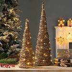 Glitzhome Set of 2 Lighted Christmas Rattan Table Tree Decorative Rattan Table Tree Table Centerpiece for Christmas Party Festival Home Decor Xmas Decorations