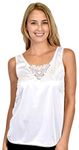 Patricia Lingerie Women's Anti-Static Soft Silky Satin Under Blouse Camisole with Elegant Floral Lace Trim (White, XL)