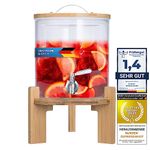 Drink Dispenser with drip-Proof tap Made of Stainless Steel Glass Water Dispenser with Bamboo Stand and lid Lemonade Dispenser Made of Heat-Resistant borasilicate Glass (5 litres)