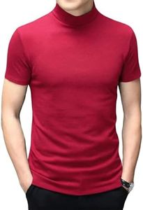 Mens T Shirt Short Sleeve Basic Mock Turtleneck Slim Fit Undershirt Pullover Thermal Solid Tops Wine Red