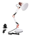 PowerKing Metal Swing Arm Desk Lamps, Adjustable and Flexible, Feading with Base and Clip 2-in-1 Function, Fit E26&E27 Bulbs Base, Application in Bedroom Living Room, Office Home (White+Rose Gold)