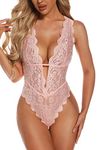 Aranmei Sexy Lingerie for Women Hollow Out Floral Lace Bodysuit One Piece Lingerie Deep V Teddy Babydoll Underwear, Pink, Small