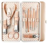 Beauté Secrets Essentials Manicure Set Nail Clippers, Stainless Steel Nail Scissors Grooming Kit, Acne needle, Blackhead Tool Leather Travel Case (Rose Gold)