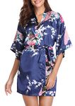 Vlazom Women Kimono Robes Satin Bathrobe Peacock and Blossoms Dressing Gown Short Silk Bridal/Bridesmaid Robe,L(UK 12-14) ,Dark Blue