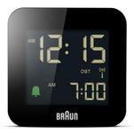 Braun Digital Radio Controlled Travel Alarm Clock for Central European Time Zone (DCF) with Snooze, Compact Size, Negative LCD Display, Quick Set, Crescendo Beep Alarm in Black, Model BC08B-DCF.