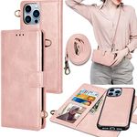 Tekcoo Wallet Case Comaptible with iPhone 13 (6.1 inch) 2021,Crossbody Shoulder [RFID Blocking] Carrying Purse Card Slots Holder Flip PU Leather Cover [Detachable Magnetic Hard Case] - Rose Gold