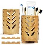 Belle Vous 2 Pack of Bamboo Toothbrush Holders with Drainage - Eco-Friendly Toothbrush Caddy with Cork Base - Travel-Size Cups for Bathroom Countertop/Vanity - Holds Toothbrush, Toothpaste & Razors