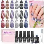 Beetles Gel Nail Polish Kit, 6 Colors Holographic Laser Cat Eyes Red Navy Blue Purple Glitter Black Gel Polish Set with Magnet Soak Off Led Nail Lamp Cured Nail Art Manicure Kits DIY Home for Women