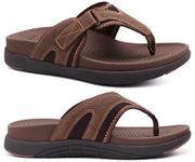 COFACE Mens Flip Flops with Arch Support Comfortable Leather Beach Sandals for Men Orthopedic Thick Cuhsion Adjustable Man Flip-flop Outdoor Size 10 brown