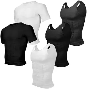 Odoland 5 Pack Men's Compression Shirt Short Sleeve Vest Set, Body Shaper Tummy Slimming Shapewear Tank Top Base Layer for Sport,1 Black/White/Grey Tank Top and 1 Black/White Short Sleeve,L