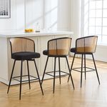 Bekrvio Swivel Bar Stools Set of 3, 29" Mid-Century Modern Boucle Fabric Barstools with Rattan Back and Metal Legs, Upholstered Bar Height Stools for Kitchen Island, Black