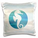 3dRose LLC. White Sea Horse in Aqua Circle Beach Theme Art-Pillow Case, (pc_152105_1), Satin, 16 x 16 inch