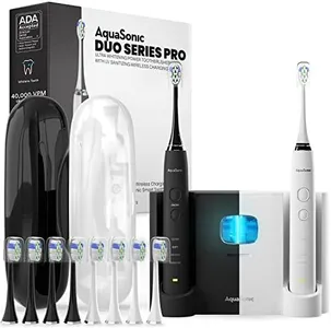 AquaSonic DUO PRO – Ultra Whitening 40,000 VPM Electric ToothBrushes – ADA Accepted - 4 Modes with Smart Timers - UV Sanitizing & Wireless Charging Base - 10 ProFlex Brush Heads & 2 Travel Cases