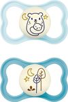 MAM Air Night Soothers 6 Months+ (Pack of 2), Glow in The Dark Baby Soothers with Self Sterilising Travel Case, Newborn Essentials, Blue, (Designs May Vary)