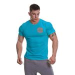 Gold’s Gym GGTS001 Mens Basic Left Chest Muscle Joe Print Logo Crew Neck T-Shirt, Turquoise/Orange, M