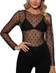 Tuopuda Women Long Sleeves Sheer Mesh Tops Black Stretchy Sheer T Shirts See Through Slim Fit Mesh Crew Neck Blouse(D,S)