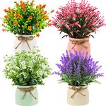 RIDDSEE Fake Potted Plants - Set of 4 Artificial Potted Flowers Faux Plants Lavender in Macaron Pot Plastic Flowers Bonsai for Indoor Outdoor Home Kitchen Office Desktop Wedding Decor -(Medium,25cm)